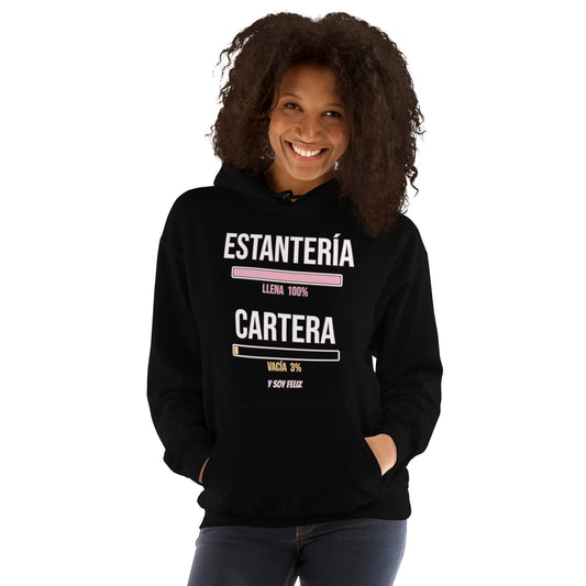 Sudadera Friki Unisex "Estantería Llena, Cartera Vacía" negra