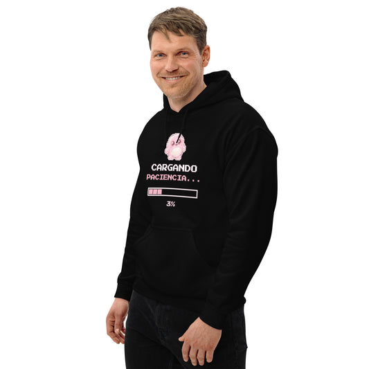 Sudadera Friki Unisex "Cargando Paciencia" negra (lateral)