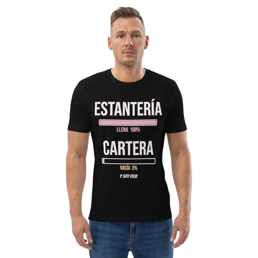 Camiseta Friki Unisex "Estantería Llena, Cartera Vacía" negra