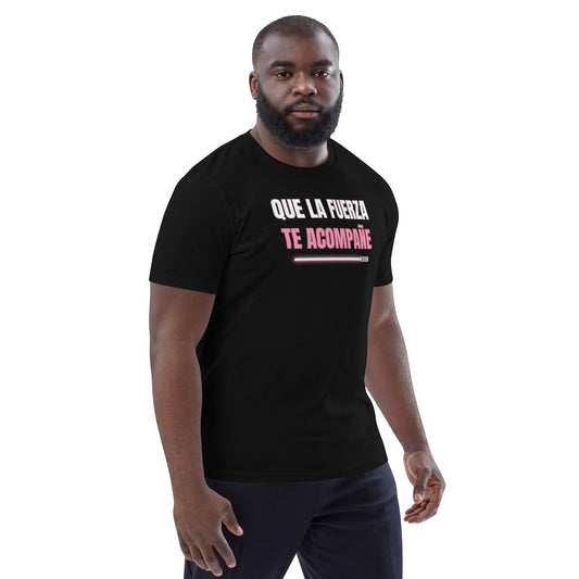 Camiseta Friki Unisex "Que la Fuerza te Acompañe" negra (lateral)
