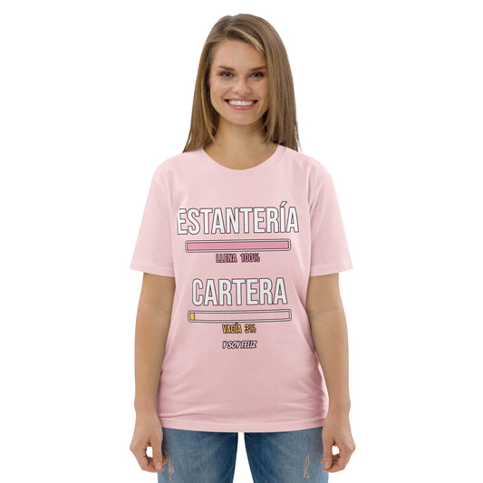 Camiseta Friki Unisex "Estantería Llena, Cartera Vacía" rosa